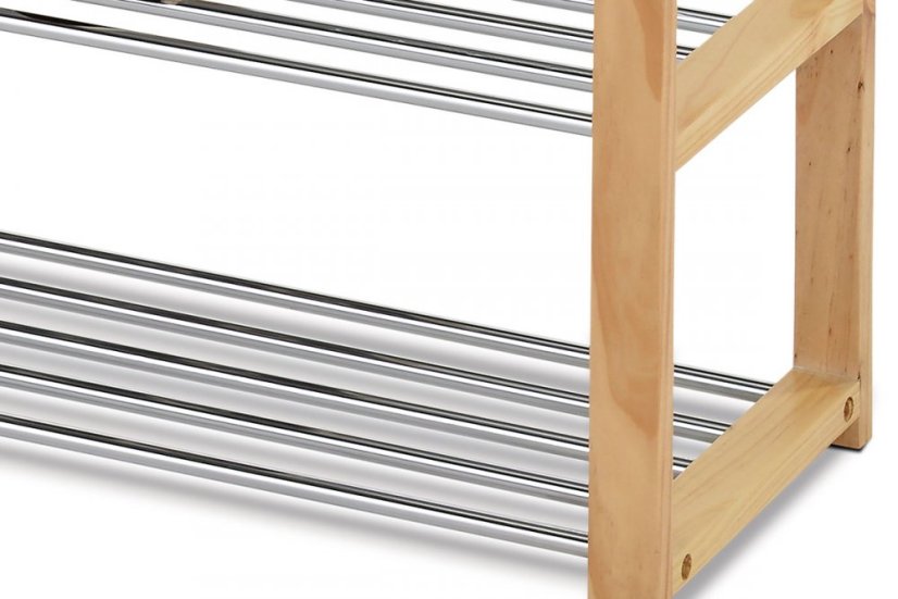 Botník, 4 kovové chrómované police, masív kaučukovník, prírodný odtieň a lak