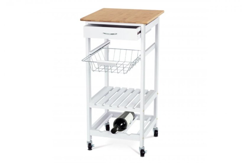 Servírovací stolek / regál, deska masiv bambus, MDF, bílý matný lak, pojezd Autronic