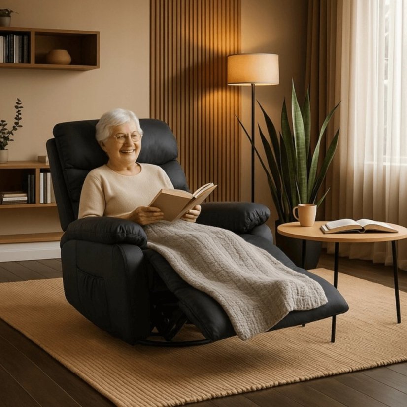 Masážne kreslo BRUCE – Luxusná rozkladacia čierna ekokoža