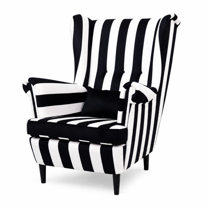 Křeslo ušák VISBY – masiv, látka, pet friendly, zebra