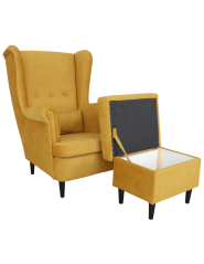 Kreslo VISBY s podnožkou a úložným priestorom – masívne drevo, látka, pet friendly, medovo žltá