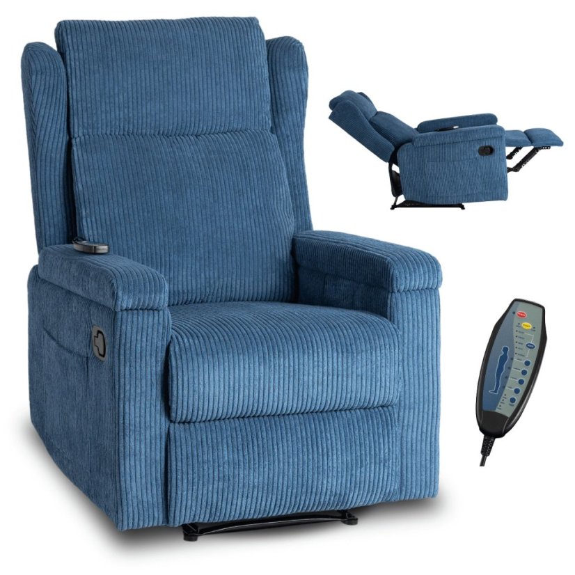 Luxusné masážne kreslo SEBASTIAN z modrého manšestru