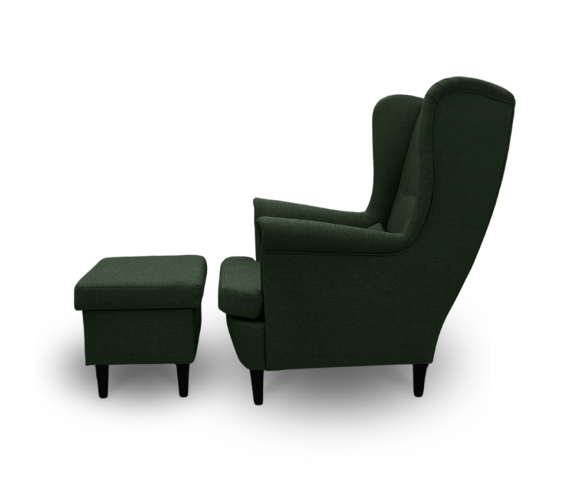 Kreslo ušiak VISBY + taburet s úložným priestorom - masív, látka, zelená