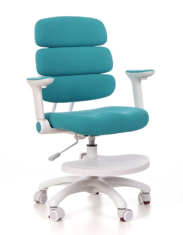 Detská rastúca stolička GRIDDY — látka, biela / tyrkysová