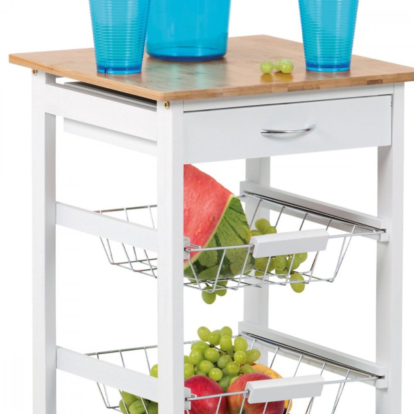 Servírovací stolík / regál, doska masív bambus, MDF, biely matný lak, pojazd