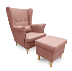 Křeslo ušák VISBY + taburet s úložným prostorem – masiv, látka, růžová Kupžidle