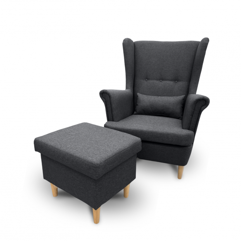 Křeslo ušák VISBY + taburet s úložným prostorem – masiv, látka, šedá Kupžidle