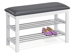 Botník s odkladacími policami – drevo, koženka, sivá