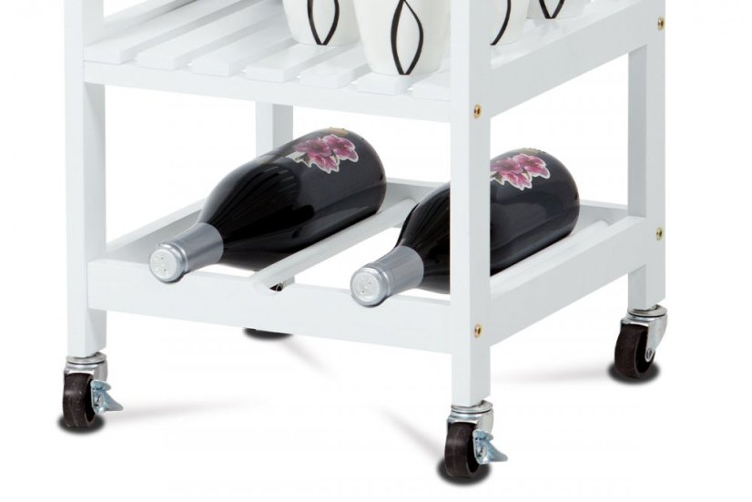 Servírovací stolek / regál, deska masiv bambus, MDF, bílý matný lak, pojezd Autronic