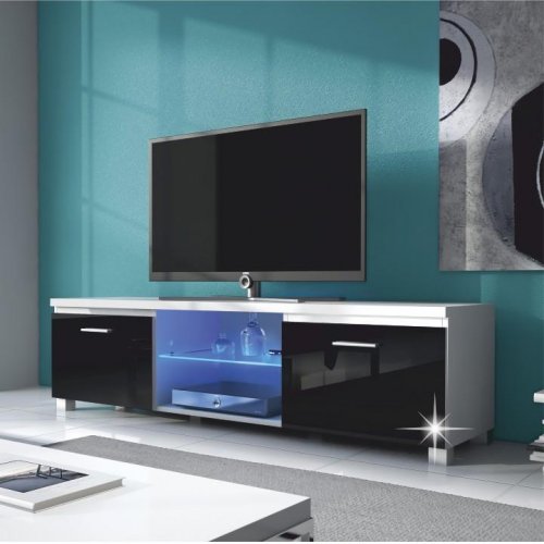 TV stolek s LED osvětlením LUGO 2 — 150x40x37, bílá/černá extra vysoký lesk HG