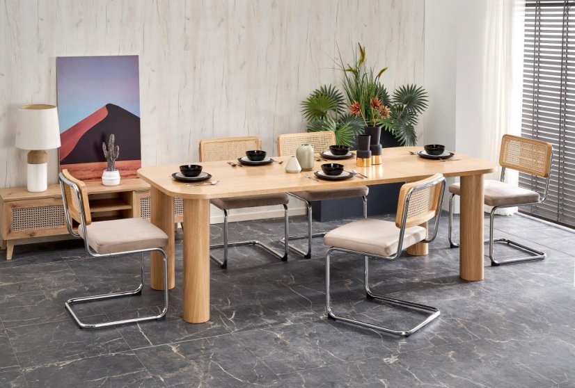 Jedálenská stolička ROSTAM — kov, látka, prírodný ratan, béžová