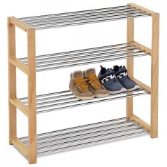 Botník, 4 kovové chrómované police, masív kaučukovník, prírodný odtieň a lak