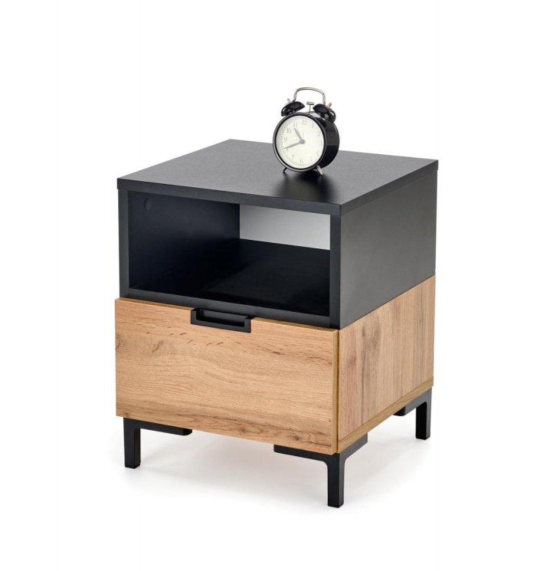 Nočný stolík SILVIA –⁠ drevo, čierna/dub Wotan