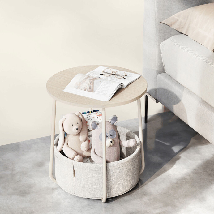 Štýlový odkladací stolík ELIO – 45 × 45 × 50 cm s textilným košom v kašmírovej béžovej