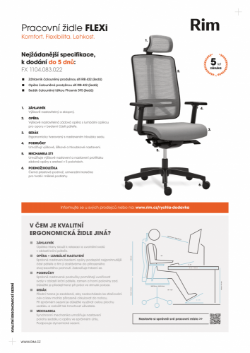 Kancelářská židle na kolečkách RIM FLEXI FX 1104 – s područkami a podhlavníkem, šedá