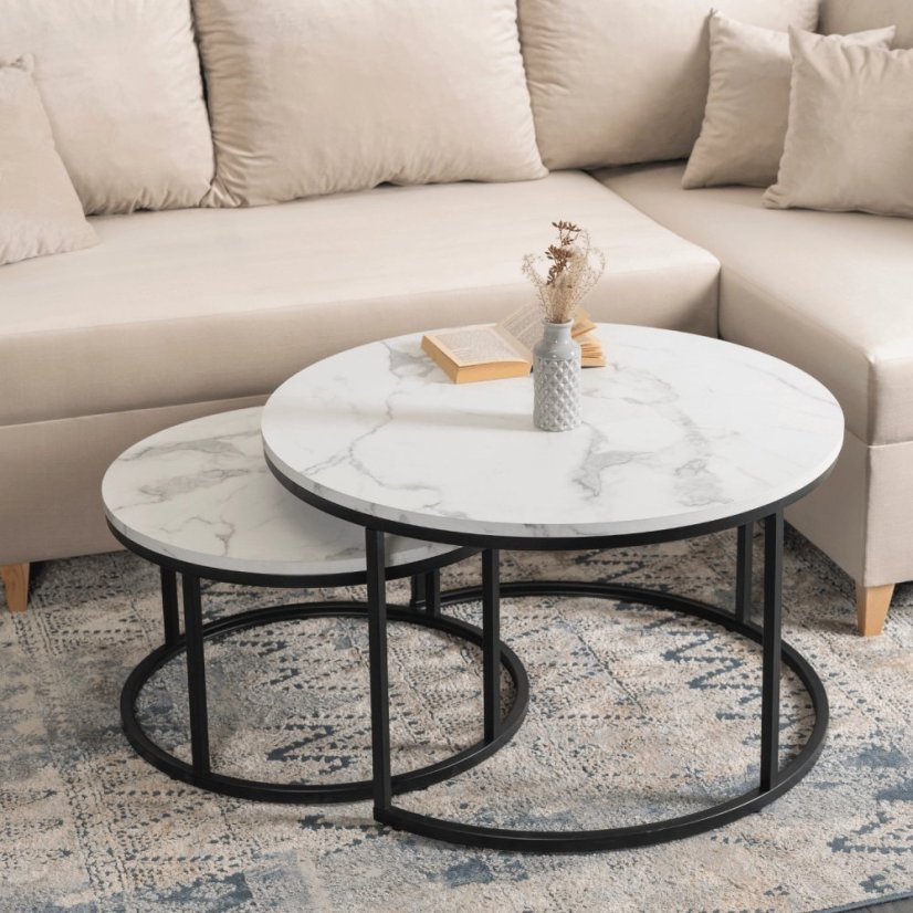 Elegantná sada stolíkov DAFNE MAX, biely mramor a čierny kov Meble Elite