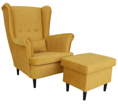 Křeslo ušák VISBY + taburet s úložným prostorem – masiv, látka, pet friendly, medově žlutá Kupžidle
