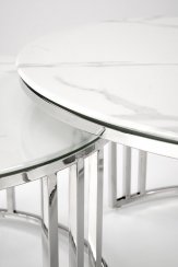 Set konferenčních stolků MERCURY — sklo, kov, dekor bílý mramor / stříbrná