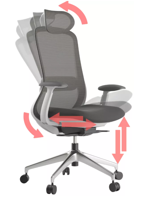 Kancelárska ergonomická stolička BESSEL s podhlavníkom — sieť, čierny plast, nosnosť 120 kg, tmavo sivá