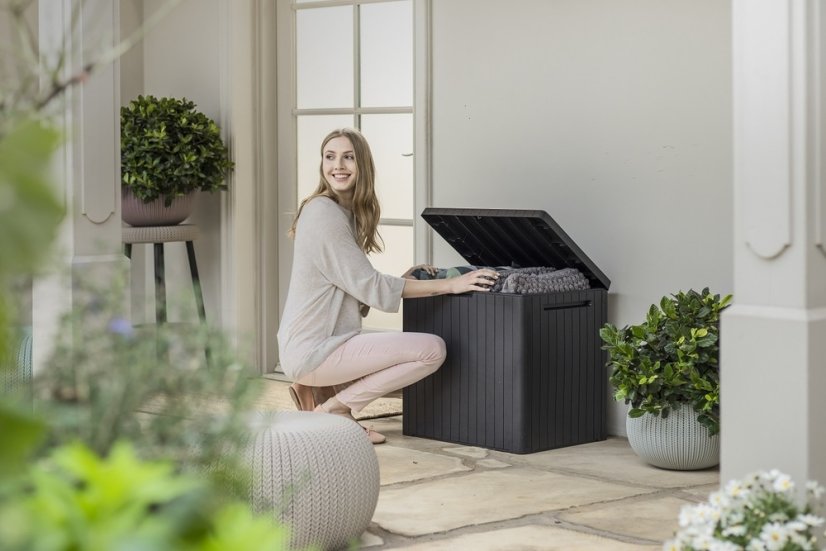 Zahradní úložný box CITY — 113L, plast, grafit, nosnost 120 kg