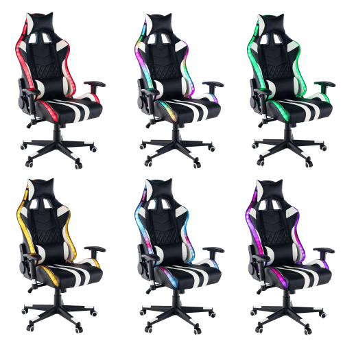 Herná stolička ZOPA — ekokoža, čierna/biela/farebný vzor, s RGB podsvietením, nosnosť 150 kg