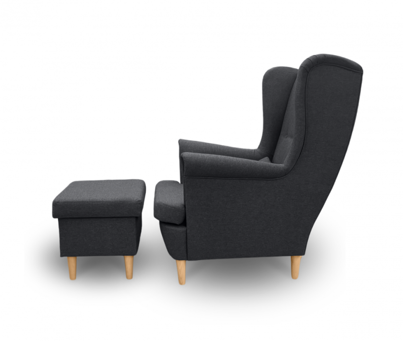 Křeslo ušák VISBY + taburet s úložným prostorem – masiv, látka, šedá Kupžidle