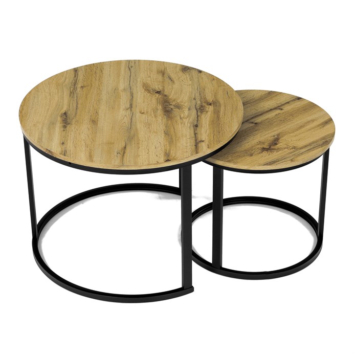 Sada 2 konferenčných stolíkov OREO 3 – MDF z divokého dubu, čierna kovová podstava Autronic