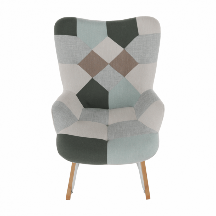 Houpací křeslo GERON — dřevo, kov, látka patchwork Kondela