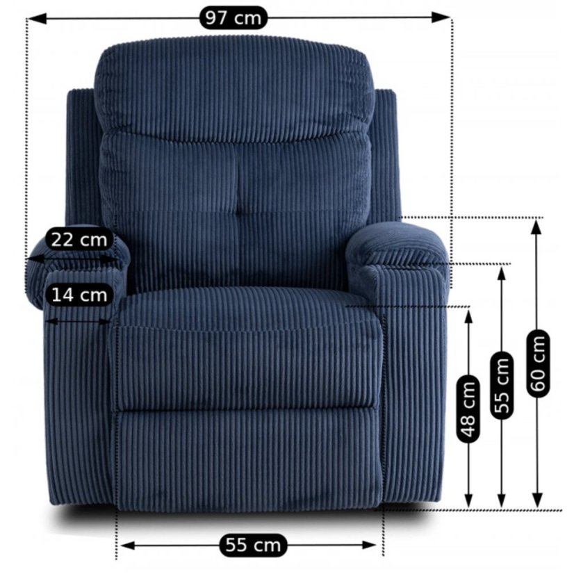 Kreslo TORRES Modrý manšestr – luxusný dizajn s držiakom na poháre