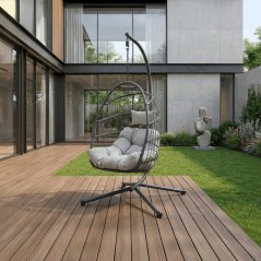 Závěsné křeslo OVAL – umělý ratan, šedý potah, Autronic