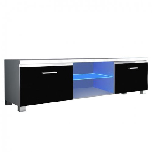 TV stolek s LED osvětlením LUGO 2 — 150x40x37, bílá/černá extra vysoký lesk HG