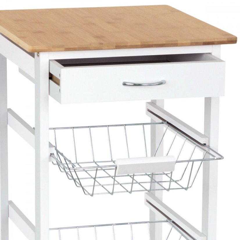 Servírovací stolík / regál, doska masív bambus, MDF, biely matný lak, pojazd