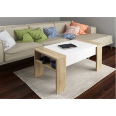 Konferenčný stôl PULA so zdvíhacou doskou — 98x50x43-54 cm, dub sonoma/biela