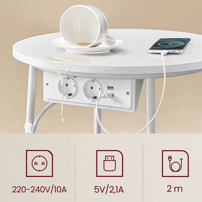 Odkládací stolek FLOW s USB a zásuvkou – bílý MDF, 45x45x50cm Autronic