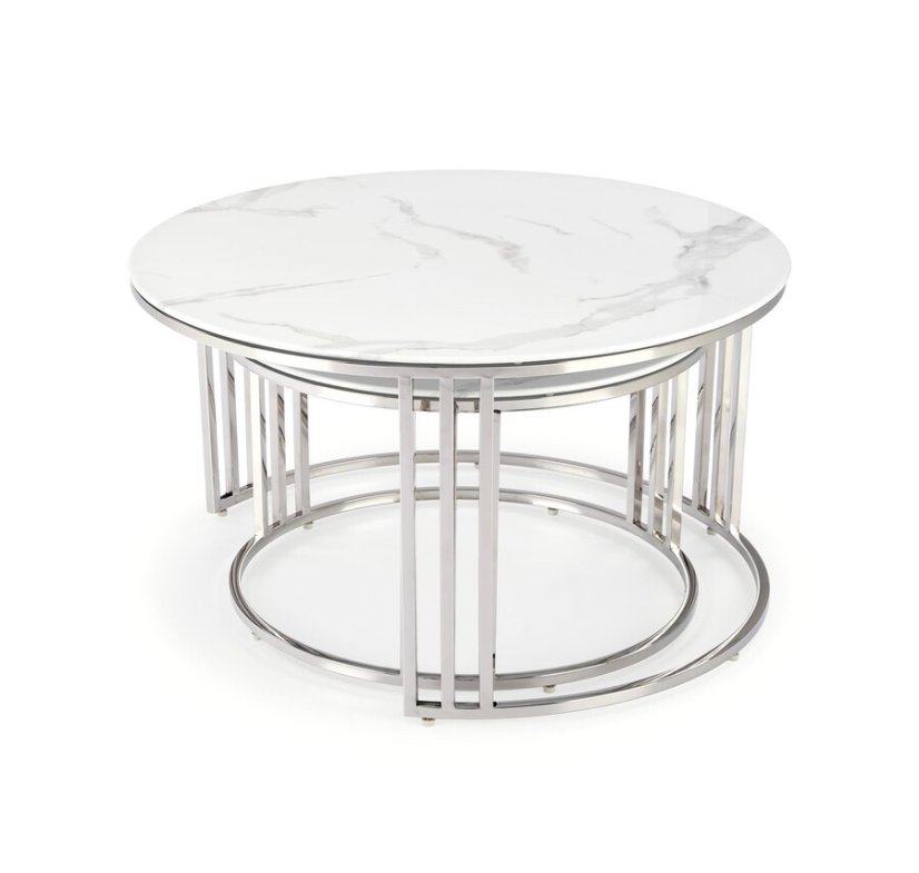 Set konferenčních stolků MERCURY — sklo, kov, dekor bílý mramor / stříbrná Halmar