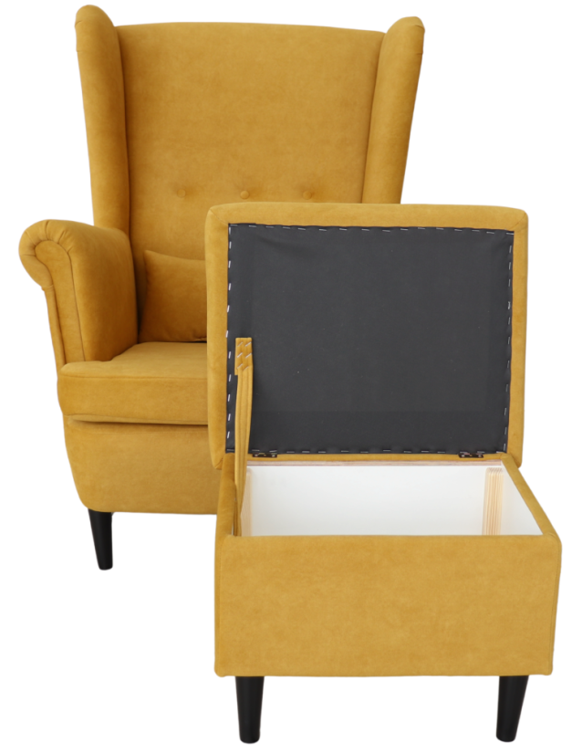 Křeslo ušák VISBY + taburet s úložným prostorem – masiv, látka, pet friendly, medově žlutá Kupžidle