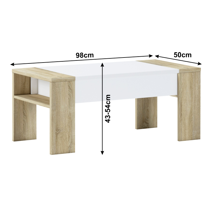 Konferenčný stôl PULA so zdvíhacou doskou — 98x50x43-54 cm, dub sonoma/biela