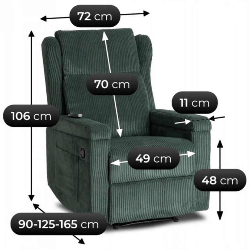 Masážne kreslo SEBASTIAN zo zeleného menčestru pre relax a komfort