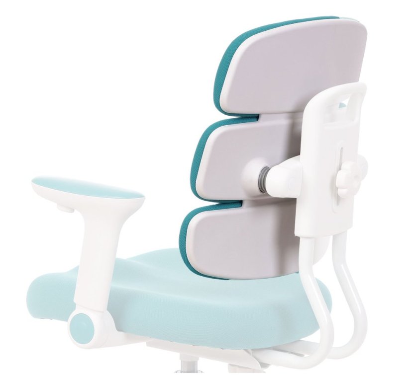 Detská rastúca stolička GRIDDY — látka, biela / tyrkysová