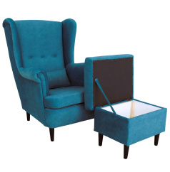 Křeslo ušák VISBY + taburet s úložným prostorem – masiv, látka, pet friendly, petrolejová Kupžidle