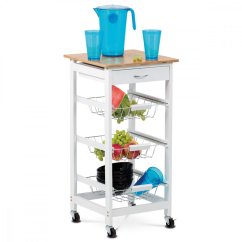 Servírovací stolík / regál, doska masív bambus, MDF, biely matný lak, pojazd