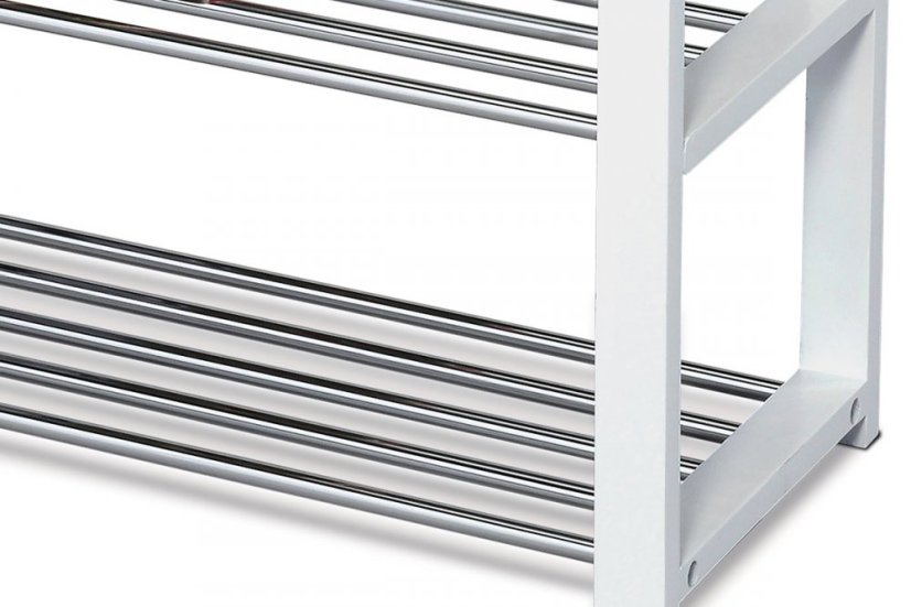 Botník, 4 kovové chrómované police, masív kaučukovník, biely matný lak