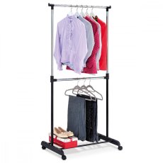 Stojan na šaty dvojramenný s odkladačom, čierna farba, kov/plast, chróm