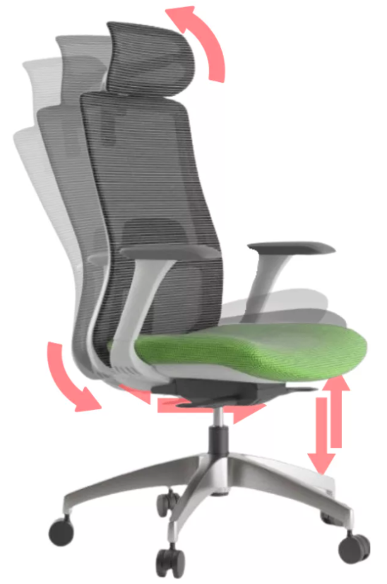 Ergonomická kancelárska stolička WISDOM s opierkou hlavy — sieťovina, sivý plast, nosnosť 120 kg, zelená Mercury star