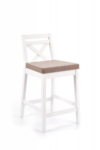 Barová židle BORYS LOW – masiv, látka, bílá / hnědá