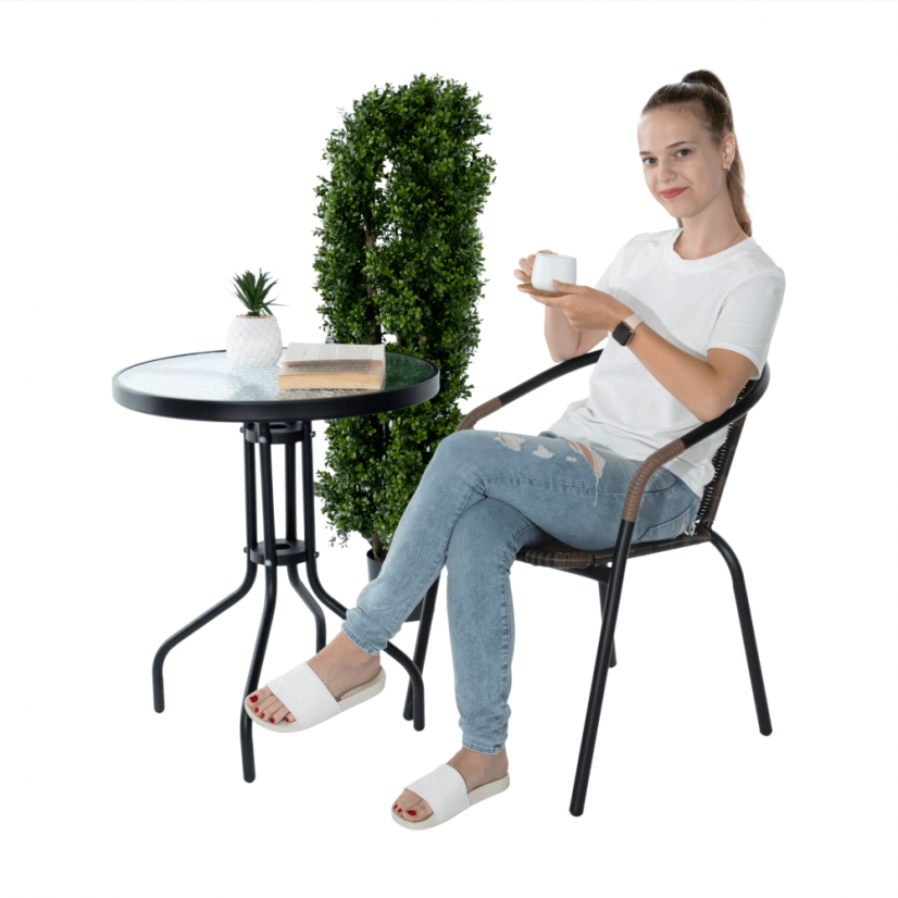 Zahradní židle DOREN — kov, umělý ratan, černá / hnědá, nosnost 150 kg Kondela