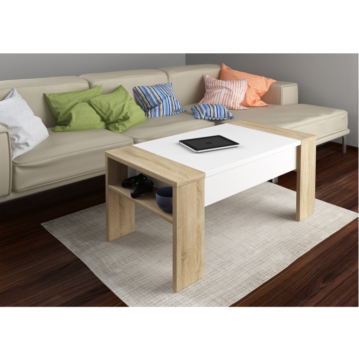 Konferenčný stôl PULA so zdvíhacou doskou — 98x50x43-54 cm, dub sonoma/biela