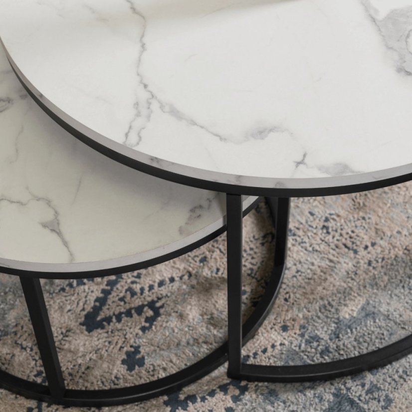 Elegantná sada stolíkov DAFNE MAX, biely mramor a čierny kov Meble Elite