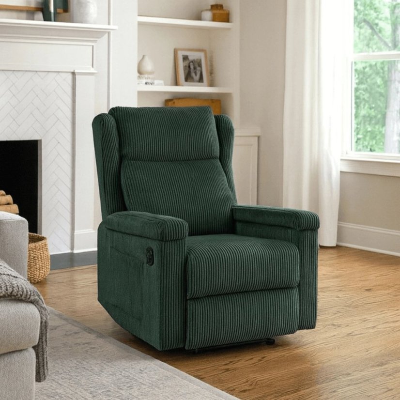 Masážne kreslo SEBASTIAN zo zeleného menčestru pre relax a komfort