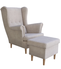 Křeslo ušák VISBY + taburet s úložným prostorem – masiv, látka, pet friendly, krémová KupŽidle